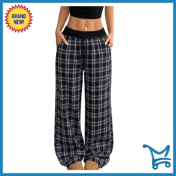 Women's Plaid Flannel Pajama Pants Wide Leg Lounge Sweatpants with Pockets